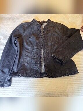 Christopher & Banks Black Ruffle And Black Beaded Trim Denim Jacket
